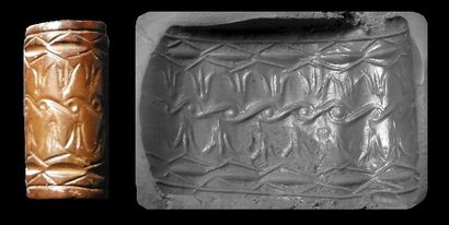 null Perle sceau aux motifs stylisés.Hématite .

Dynasties Archaïques.

L :17mm.