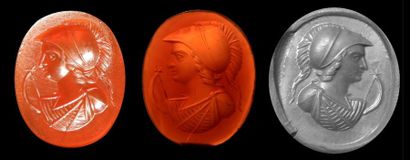 null Intaille gravée d’un buste de Minerve (Pallas des grecs).Cornaline.Art romain.

L...