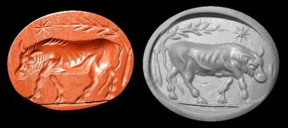null Intaille gravée d’un taureau marchant.Jaspe rouge.Art romain.L:18mm.