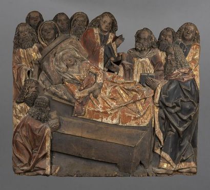 Ecole allemande du XV° siècle 
Dormition de la Vierge
Bois sculpté polychrome
H 80,...