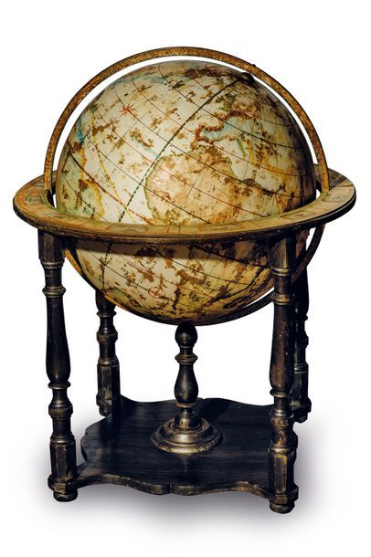 null Armillary sphere in iron, brass and paper in a walnut frame composed of four...