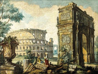 Attribué à Andrea LOCATELLI (1695-1741) "Capriccio" Pair of canvases 86.5 x 65 cm...