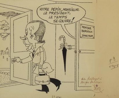 null Dero Caricature originale, Monique Berlioux directrice du CIO tend son parapluie...