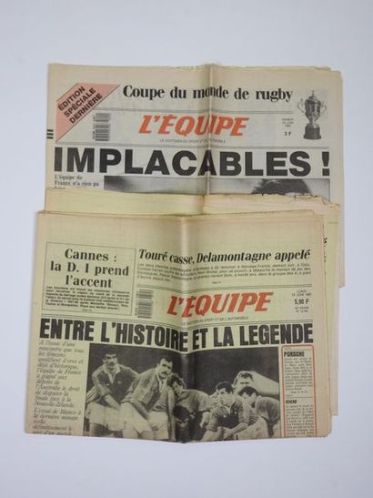null Première Coupe du Monde, 1987. Deux numéros historiques de "L'Equipe" : a) Lundi...