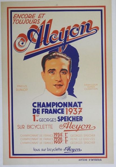 null Affiche. Cycles Alcyon. Georges Speicher, champion de France 1937. Entoilée....