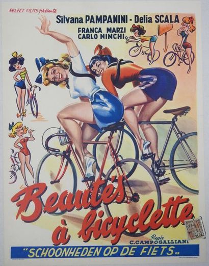 null Affiche de cinéma belge. Beautés à bicyclette, deux coureuses en danseuses...Avec...