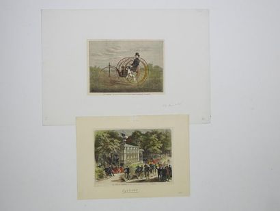 null Deux gravures sur bois mises en couleur. a) Course de vélocipèdes au Pré Catelan,...
