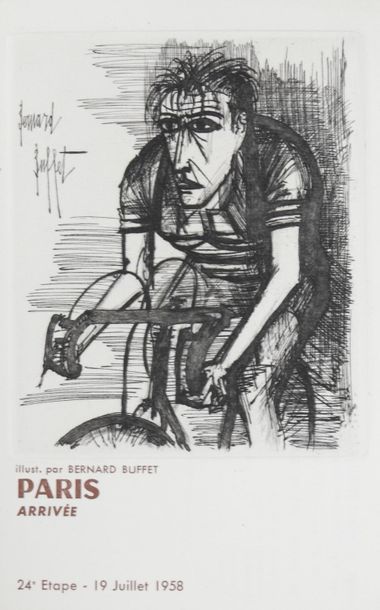 null Anquetil par Bernard Buffet. Carte de Joseph Foret pour le Tour 1958. Eau forte,...