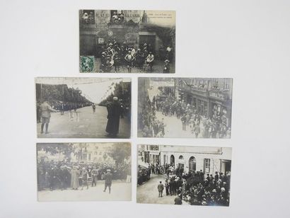 null Tour de France. Cinq cpa (photos) : a) Tour 1912, contrôle de Belfort; b) Abran...