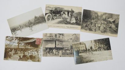 null Tour de France. Six cpa (photos) : a) Contrôle de Béziers, 1909; b) arrivée...