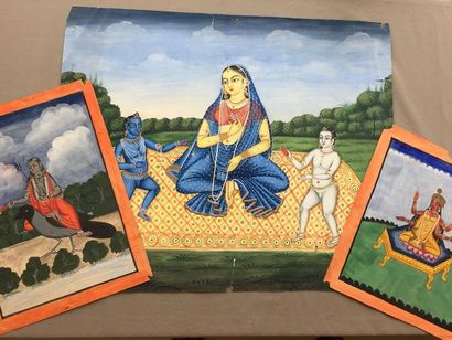 null INDE: Lot de 3 gouaches indiennes du XXe siècle, formats: 48 x 58 cm et les...