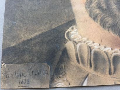 null François Ier: Beau portrait réalisé sur papier en couleur et signé Caroline...