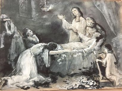 null AGONIE: Deux beaux lavis du XIXe siècle présentant des moribons sur leur lit...