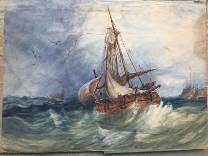 null MARINE: Belle aquarelle sur papier du XIXe siècle, non signée, montrant un voilier...