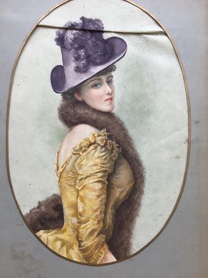 null KRANTZ (D.): Portrait de jeune femme au chapeau violet. Aquarelle sur papier...