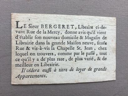 null CARTE de Visite du XVIIIe siècle. Le Sieur Bergeret, libraire ci-devant rue...