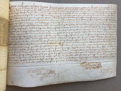 null Paris region: Two handwritten documents on calfskin about Jacques Poirier Seigneur...