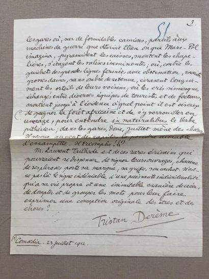 null Tristan DEREME: Manuscrits autographes de deux textes publiés dans "les Ecrivains...