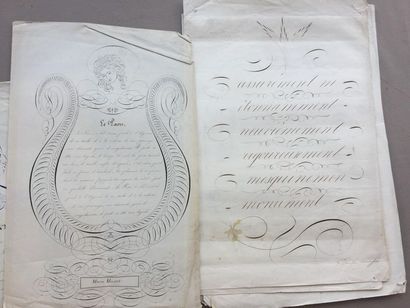 null [CALLIGRAPHIE] Réunion de 9 grandes planches du XIX siècle: manuscrits présentant...