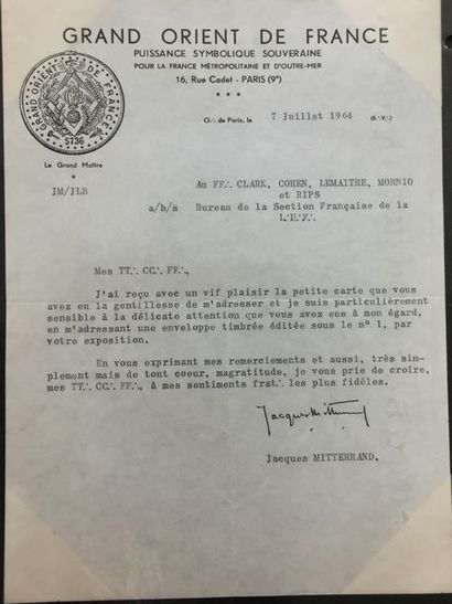 null FRANC-MACONNERIE - Grand Orient de France: Typed letter signed by Jacques MITTERAND...