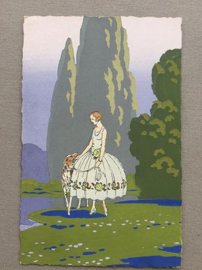null ART Déco: Belle carte postale coloriée au pochoir (non signée). Au verso texte...