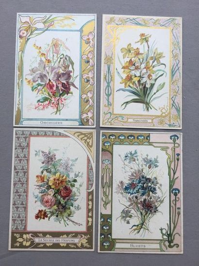 null ART NOUVEAU: Lot de 4 jolies cartes d'époque 1900 sur le thème des fleurs: Orchidées,...
