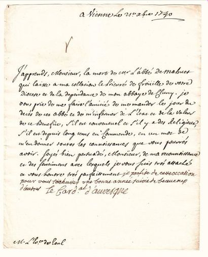 null - PRIEURÉ DE FROVILLE (Meurthe et Moselle). Lettre signée du Cardinal d'AUVERGNE,...
