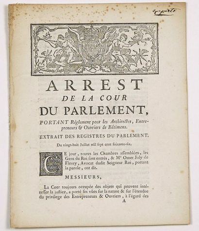 null - (PARIS. ARCHITECTS.) "Arrest of the Court of the Parliament of PARIS, bearing...