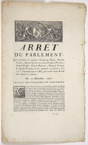 null - (VINS) PARLEMENT DE BESANÇON 1771. “Arrêt du Parlement, qui condamne les nommés...