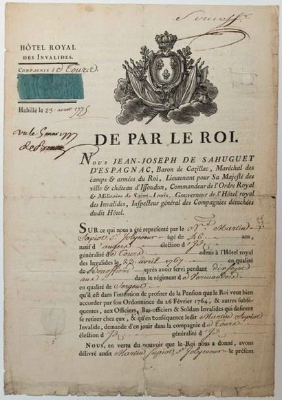null HÔTEL ROYAL DES INVALIDES. Compagnie de TOURS - Pièce signée Jean Joseph de...