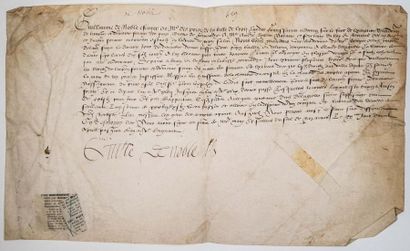 null - NORMANDY. 1550. ROUEN (76). Piece signed on vellum (22 x 36 cm). Text in French....
