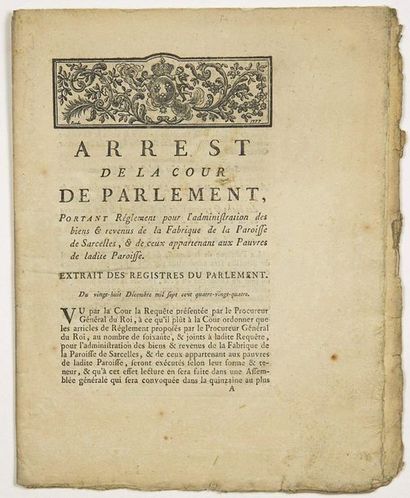 null - VAL D'OISE. SARCELLES. 1784. "Arrest of the Court of Parliament, bearing regulations...