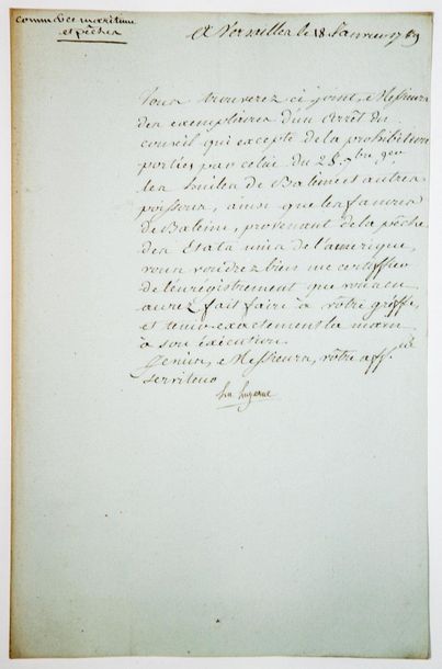null - PÊCHE À LA BALEINE. 1789. Lettre signée du Comte de «LA LUZERNE» à VERSAILLES...