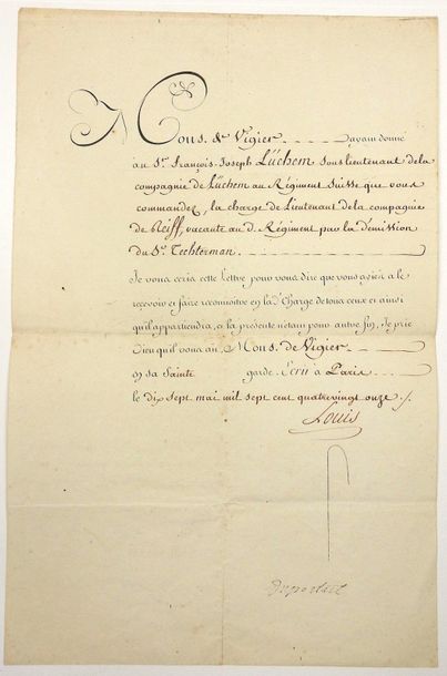 null - RÉGIMENT SUISSE. Lettre Royale de Nomination écrite de Paris le 17 Mai 1791...