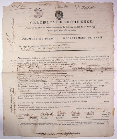 null - PARIS. SECTION DE MARAT. 1793 - Certificat de Résidence fourni en exécution...