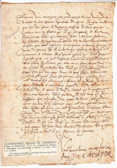 null - HÉRAULT. Lettre signée de Jacques de CASTELNAU, évêque de SAINT-PONS, pour...