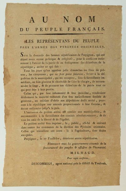 null - ARMÉE DES PYRÉNÉES ORIENTALES. 1794. Adresse des Représentants du Peuple près...