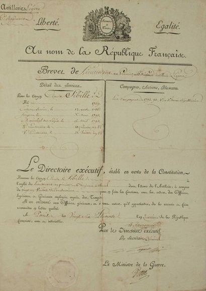 null - ARTILLERIE À CHEVAL. 1796. BREVET DE LIEUTENANT en 1er au 6° Régiment D'ARTILLERIE...