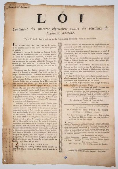 null - PARIS. 1795. ÉMEUTES DU FAUBOURG ST ANTOINE. ASSASSINAT DE FÉRAUD: «LOI contenant...