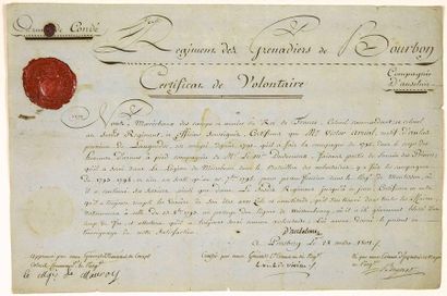 null - (ARMÉE DES PRINCES. 1801) «ARMÉE DE CONDÉ.» Certificat de Volontaire au Régiment...