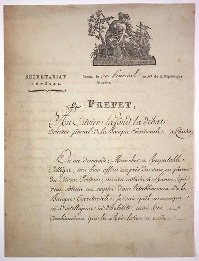 null - VINEYARD. ROUEN (76) on 30 Prairial Year 10 (19 June 1802). Letter signed...
