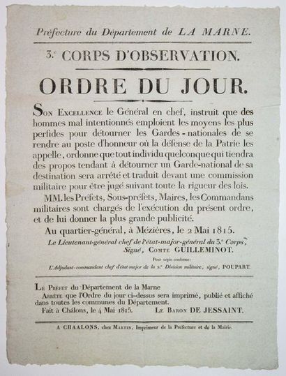 null - CENT-JOURS. 1815. MARNE. ARDENNES; Ordre du jour du Comte GUILLEMINOT, Lieutenant-Général,...