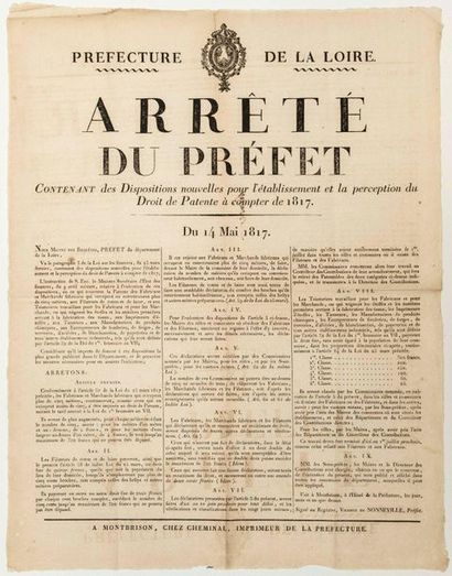 null - LA LOIRE. 1817. DROIT DE PATENTE. «Arrêté du Vicomte de NONNEVILLE, Préfet...