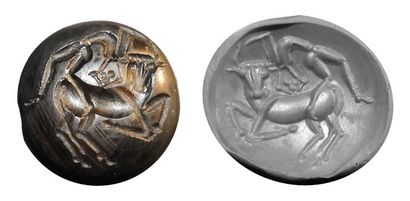 null Seal decorated with a taurokathapsie (acrobatics on a bull).black stone probably...