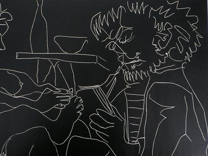 Pablo PICASSO Pablo Picasso

Peintre dessinant et Modèle nu au chapeau, 1965



Linogravure...