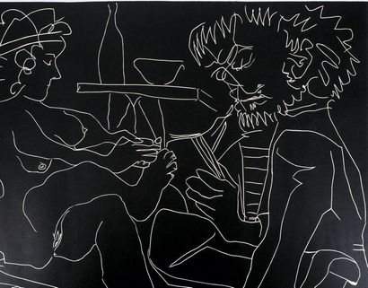 Pablo PICASSO Pablo Picasso

Peintre dessinant et Modèle nu au chapeau, 1965



Linogravure...