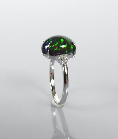 null Ring in white gold, 750 MM, set with a beautiful cabochon black opal with green...