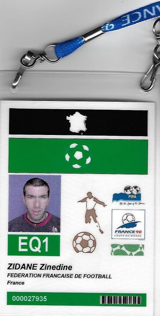 null Football/Zidane/Coupe Monde 1998. Accréditation non validée, pièce unique sauvée...