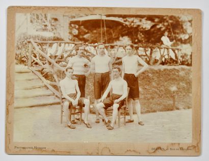 null Athletics.racing/ Photo silver print. Five runners from 1890-95 pose in front...