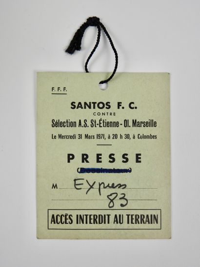 null Football. Invitation presse (10x8) au match Santos FC-Sélection ASSE-OM du 31/3/1971...
